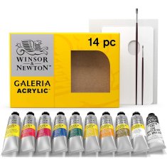 W&N Zestaw 14 elementów. Farby akrylowe GALERIA 9x60ml+medium akrylowe+pędzle+płótno+paletka