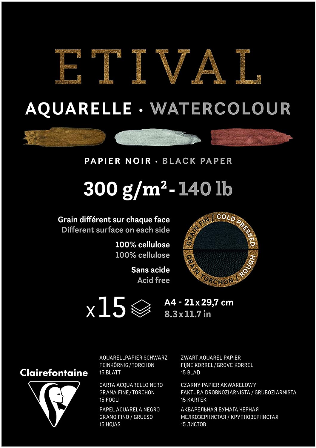 CLAIREFONTAINE ETIVAL BLOK CZARNY DWUSTRONNY COLD PRESSED/ROUGH(drobnoziarnisty/gruboziarnisty) 300G A4 15 ARK 100% CELULOZA