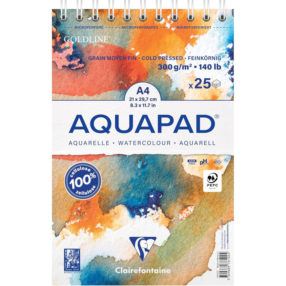 CLAIREFONTAINE GOLDLINE AQUAPAD A4 300G/25 ARK. 100% CELULOZA COLD PRESSED- ŚREDNIOZIARNISTY NA SPIRALI