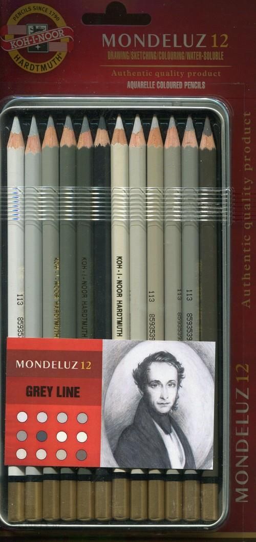 Koh-I-Noor Mondeluz - Kredki Akwarelowe 12 kolorów w metalowym pudełku W ODCIENIACH SZAROŚCI