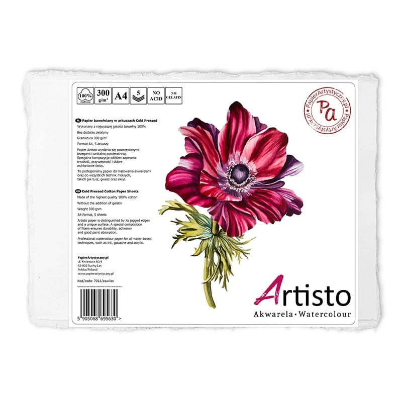 Papier akwarelowy Artisto 100% bawełna 300 g COLD PRESSED (drobnoziarnisty) 300G A4 5ARK 100% BAWEŁNA