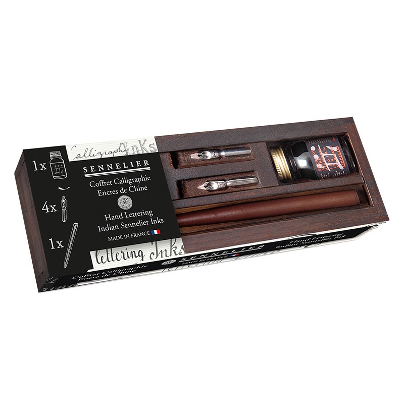 SENNELIER CALIGRAPHY SET W DREWNIANEJ KASECIE TUSZ 4 STALÓWKI