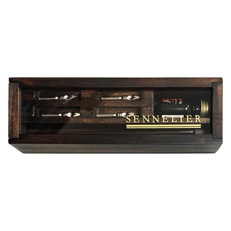 SENNELIER CALIGRAPHY SET W DREWNIANEJ KASECIE TUSZ 4 STALÓWKI