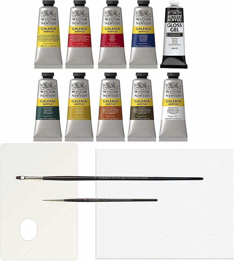 W&N Zestaw 14 elementów. Farby akrylowe GALERIA 9x60ml+medium akrylowe+pędzle+płótno+paletka