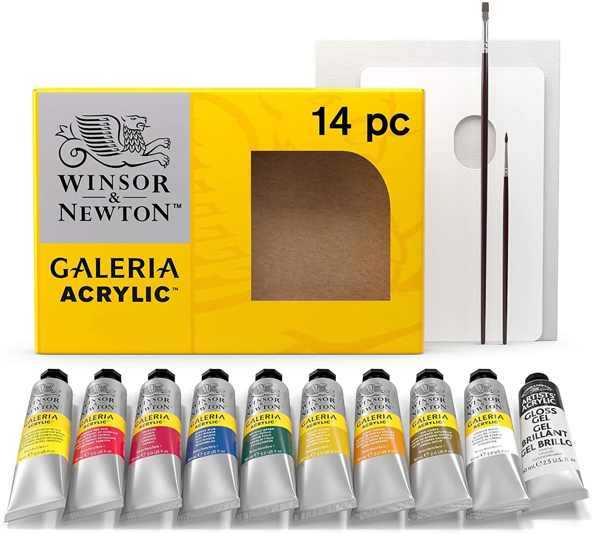 W&N Zestaw 14 elementów. Farby akrylowe GALERIA 9x60ml+medium akrylowe+pędzle+płótno+paletka
