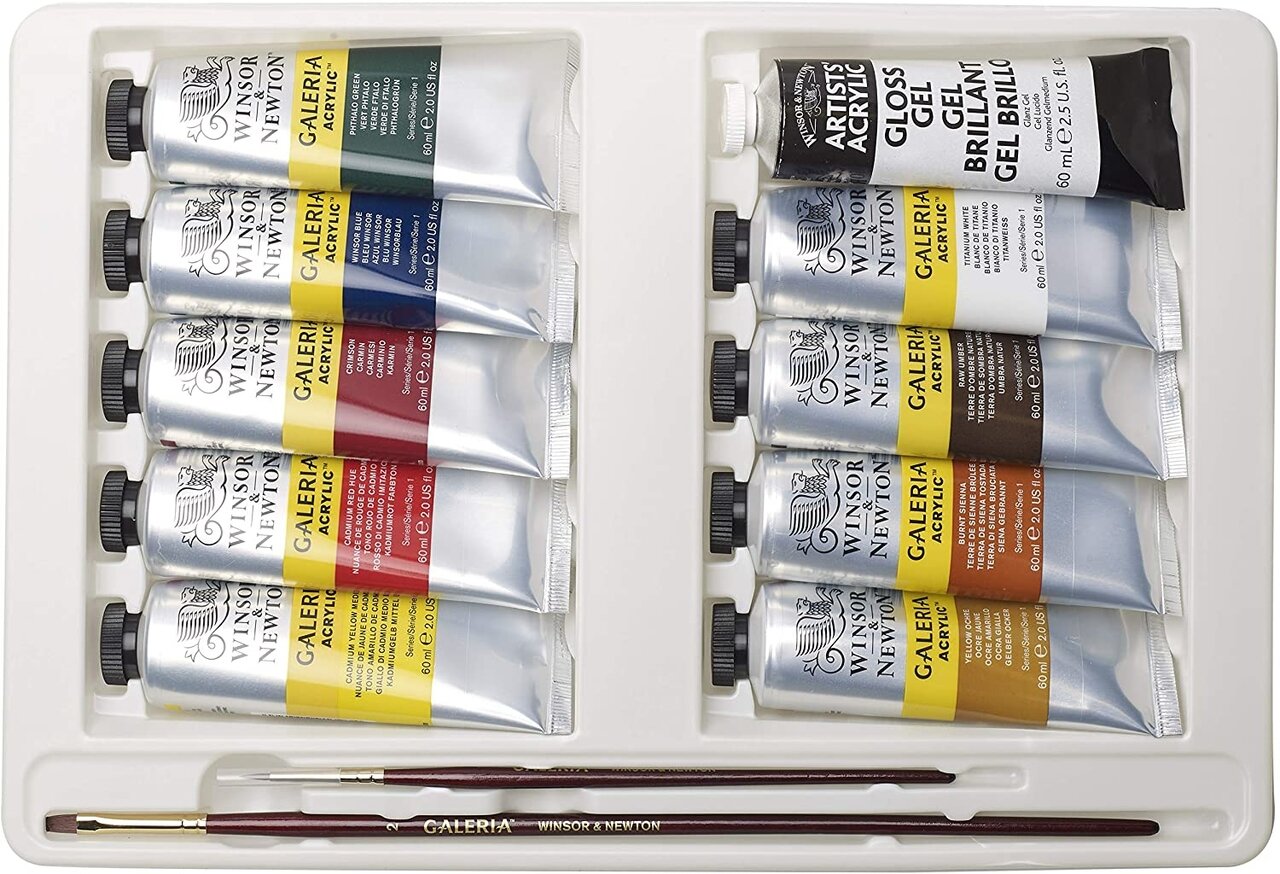W&N Zestaw 14 elementów. Farby akrylowe GALERIA 9x60ml+medium akrylowe+pędzle+płótno+paletka
